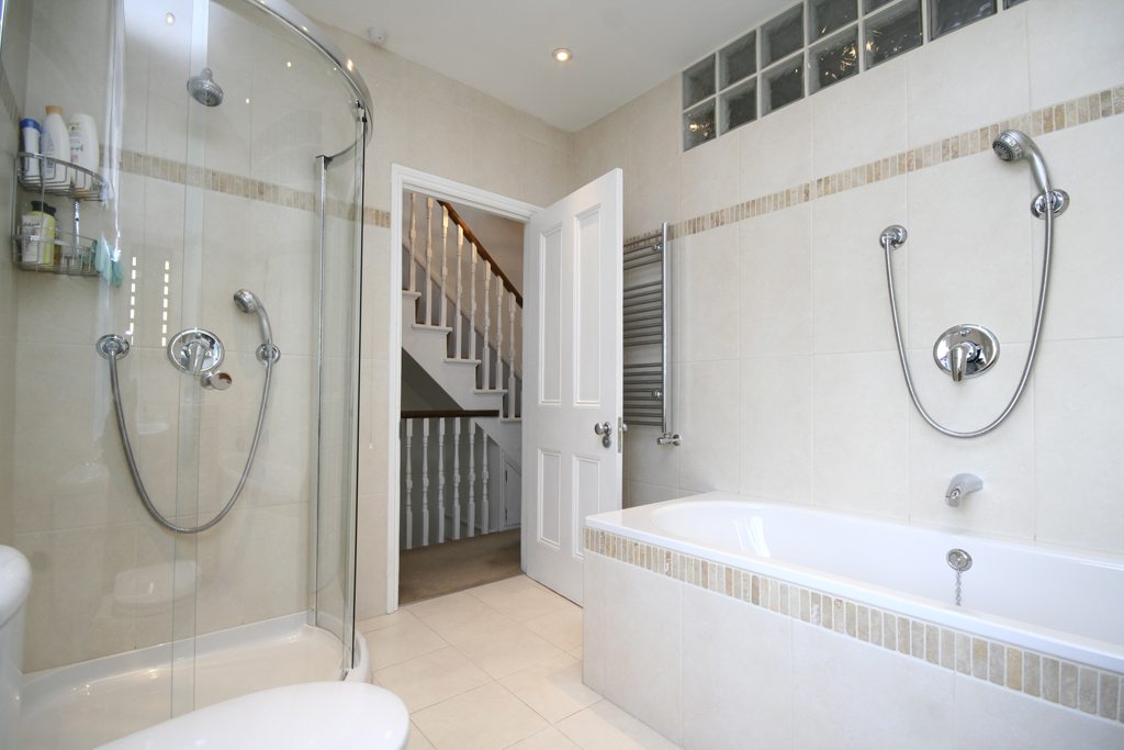 view of luxury family bathroom shower and bath